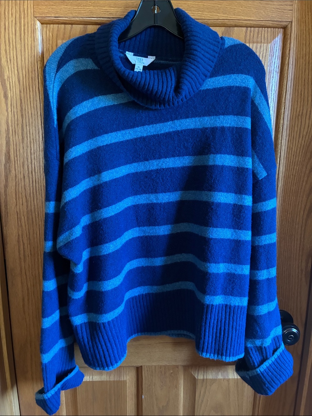Time and Tru Royal and Light Blue Striped Cowl Neck Sweater
